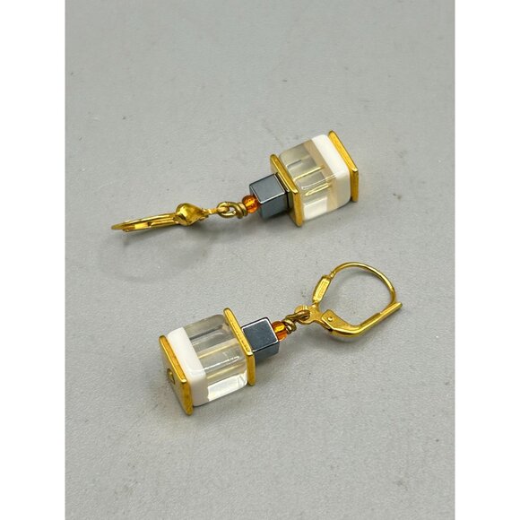 Vintage Gold Tone Art Glass Lever Back Earrings with Geometric Design - Picture 5 of 7